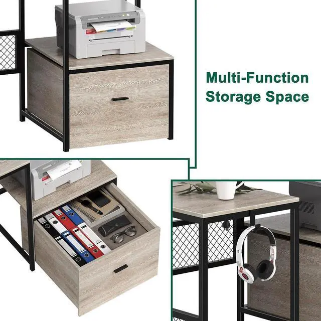 Alt view image 5 of 6 - L Shaped Desk with Drawers, 66" Home Office Desk with Power Outlet and Led Strip, Computer Desk with Storage Shelves & Monitor Stand, Large Corner Desk Gaming Desk, Grey