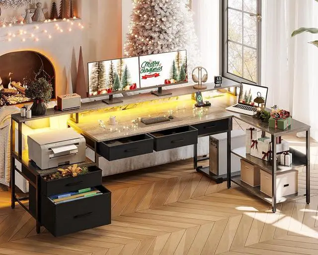 Alt view image 2 of 7 - AODK L Shaped Desk with 5 File Drawers, 75" Reversible L Shaped Computer Desk with Power Outlet & LED Strip, Office Desk with Storage Shelves, Gaming Desk with Monitor Shelf, Corner Desk, Grey Oak