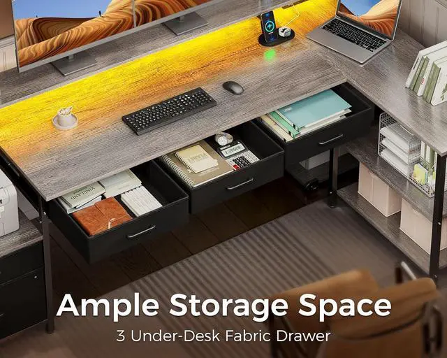 Alt view image 4 of 7 - AODK L Shaped Desk with 5 File Drawers, 75" Reversible L Shaped Computer Desk with Power Outlet & LED Strip, Office Desk with Storage Shelves, Gaming Desk with Monitor Shelf, Corner Desk, Grey Oak