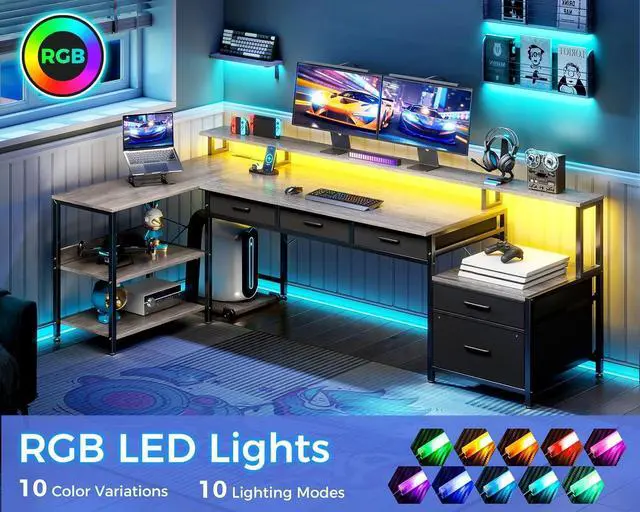 Alt view image 5 of 7 - AODK L Shaped Desk with 5 File Drawers, 75" Reversible L Shaped Computer Desk with Power Outlet & LED Strip, Office Desk with Storage Shelves, Gaming Desk with Monitor Shelf, Corner Desk, Grey Oak