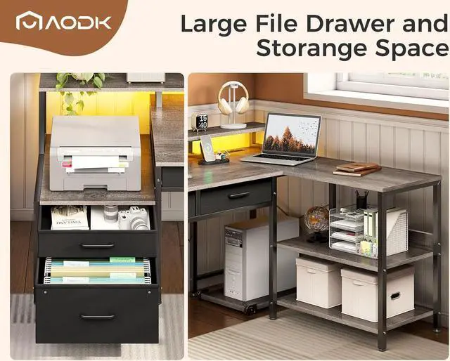 Alt view image 6 of 7 - AODK L Shaped Desk with 5 File Drawers, 75" Reversible L Shaped Computer Desk with Power Outlet & LED Strip, Office Desk with Storage Shelves, Gaming Desk with Monitor Shelf, Corner Desk, Grey Oak