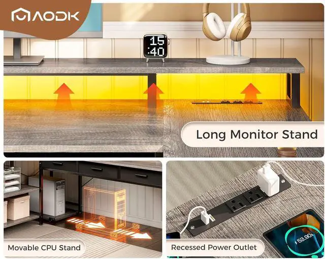 Alt view image 7 of 7 - AODK L Shaped Desk with 5 File Drawers, 75" Reversible L Shaped Computer Desk with Power Outlet & LED Strip, Office Desk with Storage Shelves, Gaming Desk with Monitor Shelf, Corner Desk, Grey Oak