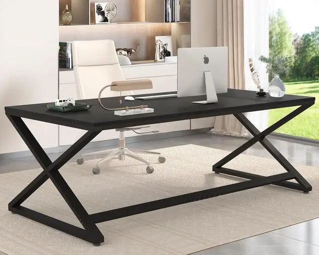 Main image of LVB Large Black Desk, 70.8 Long Computer Desk for Home Office, Modern Wide Executive Work Desk for Writing Study, Simple Wood Metal Computer Table Gaming Desk Workstation in Bedroom, Black Oak, 70 in