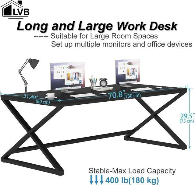 Alt view image 2 of 7 - LVB Large Black Desk, 70.8 Long Computer Desk for Home Office, Modern Wide Executive Work Desk for Writing Study, Simple Wood Metal Computer Table Gaming Desk Workstation in Bedroom, Black Oak, 70 in