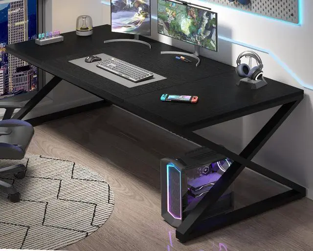 Alt view image 3 of 7 - LVB Large Black Desk, 70.8 Long Computer Desk for Home Office, Modern Wide Executive Work Desk for Writing Study, Simple Wood Metal Computer Table Gaming Desk Workstation in Bedroom, Black Oak, 70 in
