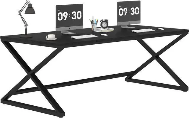 Alt view image 7 of 7 - LVB Large Black Desk, 70.8 Long Computer Desk for Home Office, Modern Wide Executive Work Desk for Writing Study, Simple Wood Metal Computer Table Gaming Desk Workstation in Bedroom, Black Oak, 70 in
