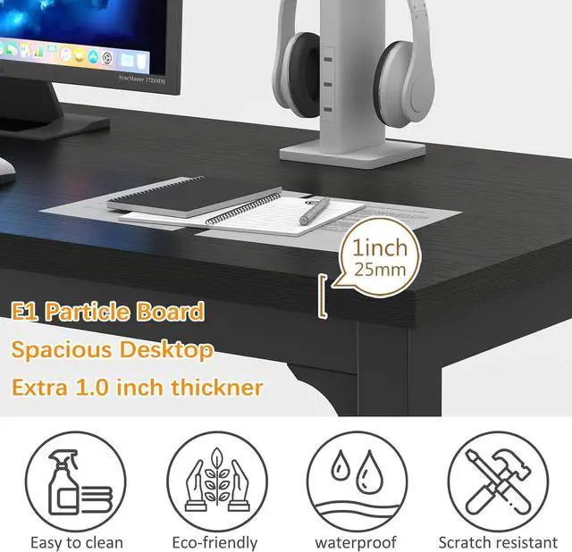 Alt view image 5 of 7 - NSdirect 63 inch Computer Desk,Modern Simple Style PC Table Office Desk Wide Workstation for Study Writing,Gaming and Home Office,Extra 1" Thicker Wooden Tabletop and Black Metal Frame,Black