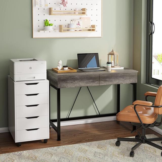 Alt view image 2 of 7 - CAIYUN Small Desk with Drawers, 40 Wood Desks for Home Office with Storage, Simple Computer Gaming Desk for Small Space, Vanity Desk for Bedroom, Modern Writing Work Kids Study Desk Table, Grey Oak