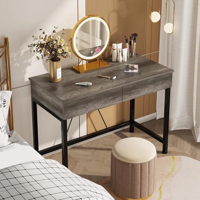 Alt view image 4 of 7 - CAIYUN Small Desk with Drawers, 40 Wood Desks for Home Office with Storage, Simple Computer Gaming Desk for Small Space, Vanity Desk for Bedroom, Modern Writing Work Kids Study Desk Table, Grey Oak