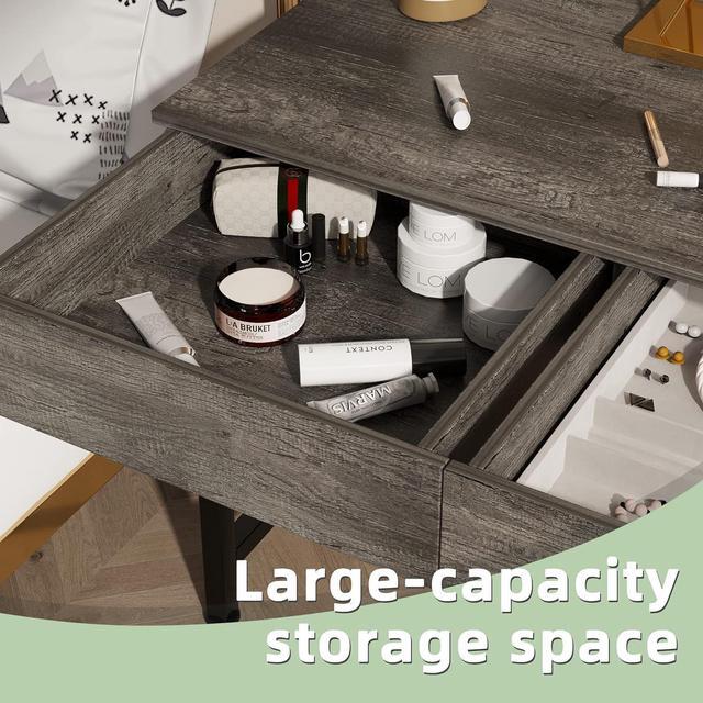 Alt view image 5 of 7 - CAIYUN Small Desk with Drawers, 40 Wood Desks for Home Office with Storage, Simple Computer Gaming Desk for Small Space, Vanity Desk for Bedroom, Modern Writing Work Kids Study Desk Table, Grey Oak