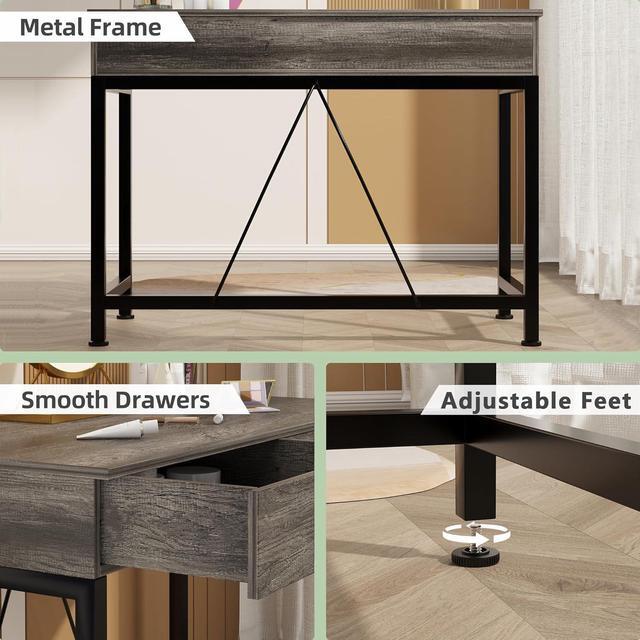 Alt view image 6 of 7 - CAIYUN Small Desk with Drawers, 40 Wood Desks for Home Office with Storage, Simple Computer Gaming Desk for Small Space, Vanity Desk for Bedroom, Modern Writing Work Kids Study Desk Table, Grey Oak