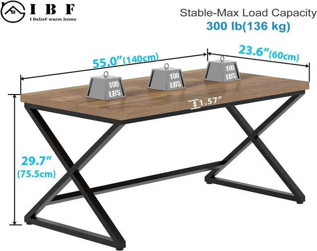Alt view image 2 of 7 - IBF Rustic Computer Desk, Modern Metal Home Office Desk, Farmhouse Work Study Writing Desk in Bedroom, Minimalist Wood Laptop Executive Workstation Computer PC Gaming Table, Rustic Oak, 55 in