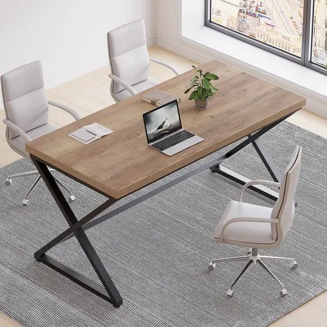 Alt view image 4 of 7 - IBF Rustic Computer Desk, Modern Metal Home Office Desk, Farmhouse Work Study Writing Desk in Bedroom, Minimalist Wood Laptop Executive Workstation Computer PC Gaming Table, Rustic Oak, 55 in