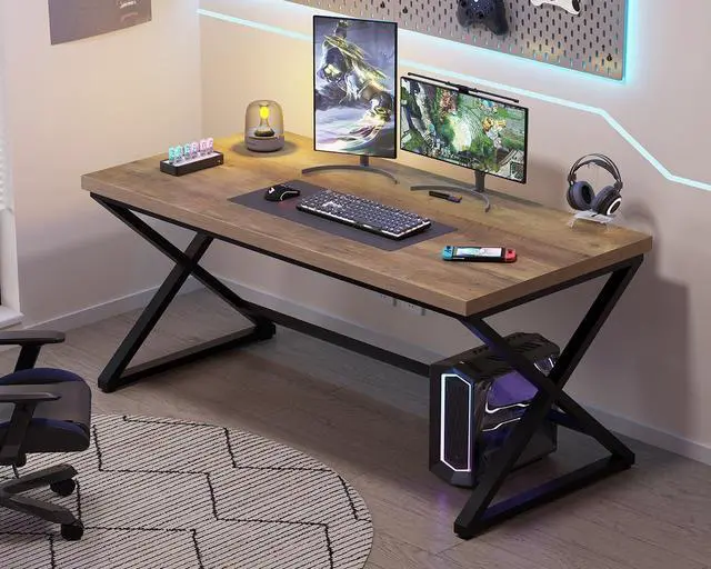 Alt view image 6 of 7 - IBF Rustic Computer Desk, Modern Metal Home Office Desk, Farmhouse Work Study Writing Desk in Bedroom, Minimalist Wood Laptop Executive Workstation Computer PC Gaming Table, Rustic Oak, 55 in