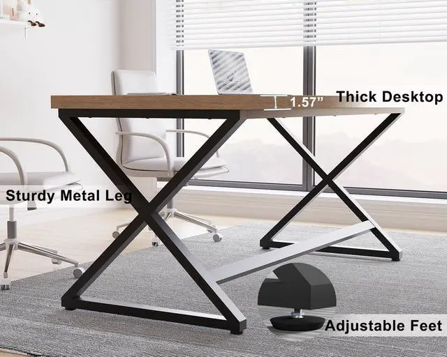 Alt view image 5 of 7 - IBF Rustic Computer Desk, Modern Metal Home Office Desk, Farmhouse Work Study Writing Desk in Bedroom, Minimalist Wood Laptop Executive Workstation Computer PC Gaming Table, Rustic Oak, 55 in