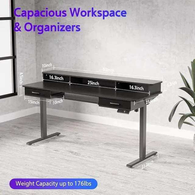 Alt view image 4 of 7 - 63x24 Inches Electric Standing Desk with Keyboard Tray, Height Adjustable Stand up Desk with 2 Drawers, Ergonomic Sit to Stand Desk with Storage Monitor Stand, Computer Table, Black