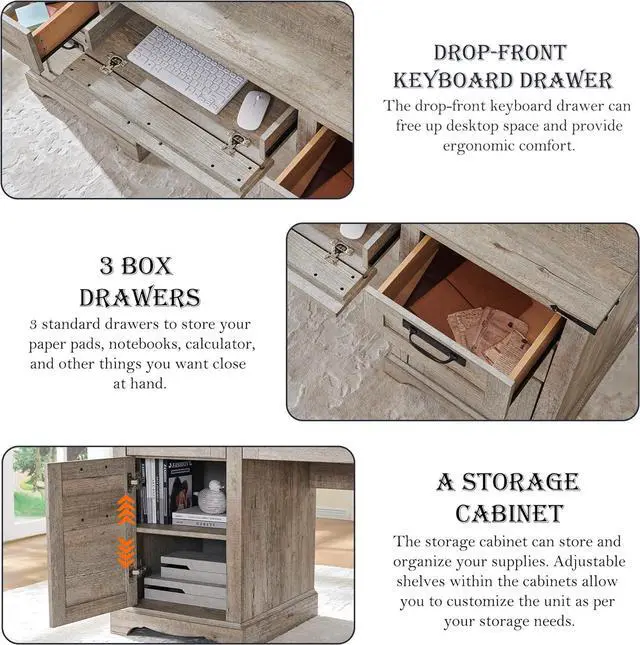 Alt view image 5 of 6 - RedLemon 60" Farmhouse Executive Desk with Drawers, Wood Home Office Desk w/Charging Station, Keyboard Tray, File Drawer, Storage Cabinet, Rustic Computer Writing Desk (Light Rustic Oak)