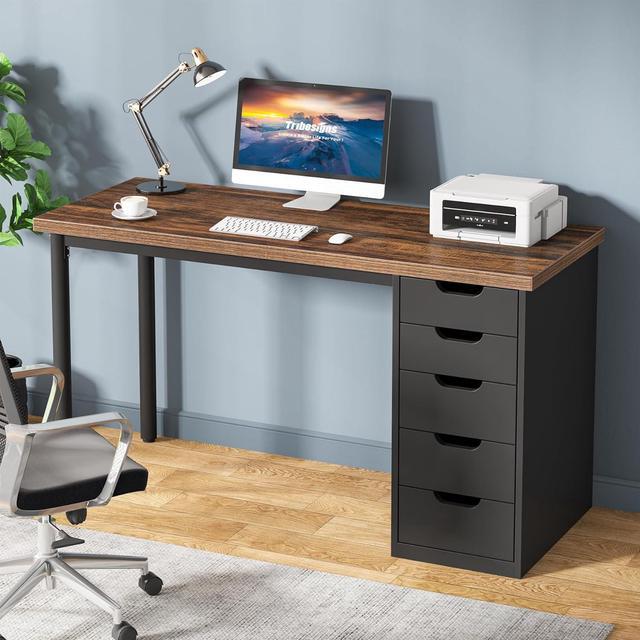 Main image of Tribesigns Computer Desk with 5 Drawers, 47 inches Rustic Brown Home Office Desk with Storage, Modern Simple Laptop Desk Study Writing Table for Small Spaces (1, Brown+Black)