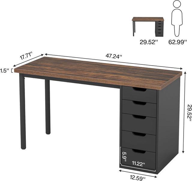 Alt view image 2 of 7 - Tribesigns Computer Desk with 5 Drawers, 47 inches Rustic Brown Home Office Desk with Storage, Modern Simple Laptop Desk Study Writing Table for Small Spaces (1, Brown+Black)