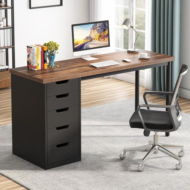 Alt view image 3 of 7 - Tribesigns Computer Desk with 5 Drawers, 47 inches Rustic Brown Home Office Desk with Storage, Modern Simple Laptop Desk Study Writing Table for Small Spaces (1, Brown+Black)