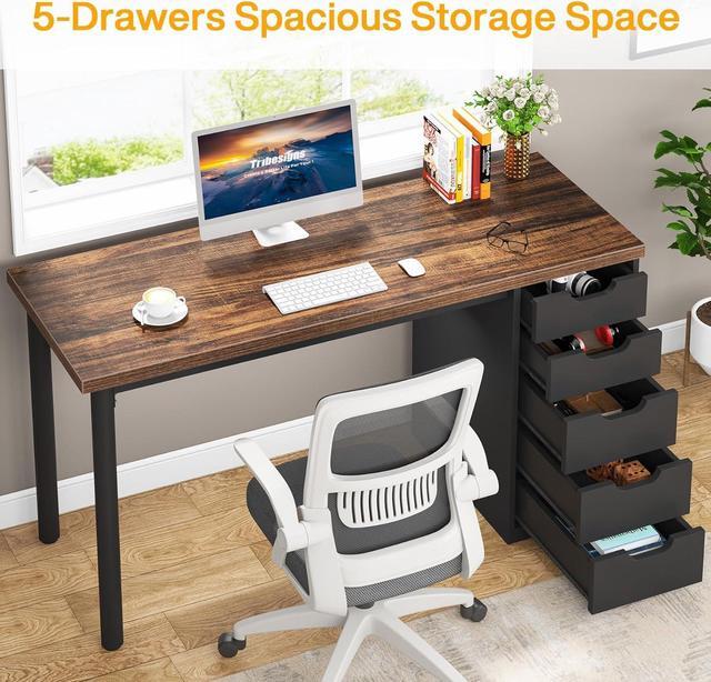 Alt view image 4 of 7 - Tribesigns Computer Desk with 5 Drawers, 47 inches Rustic Brown Home Office Desk with Storage, Modern Simple Laptop Desk Study Writing Table for Small Spaces (1, Brown+Black)
