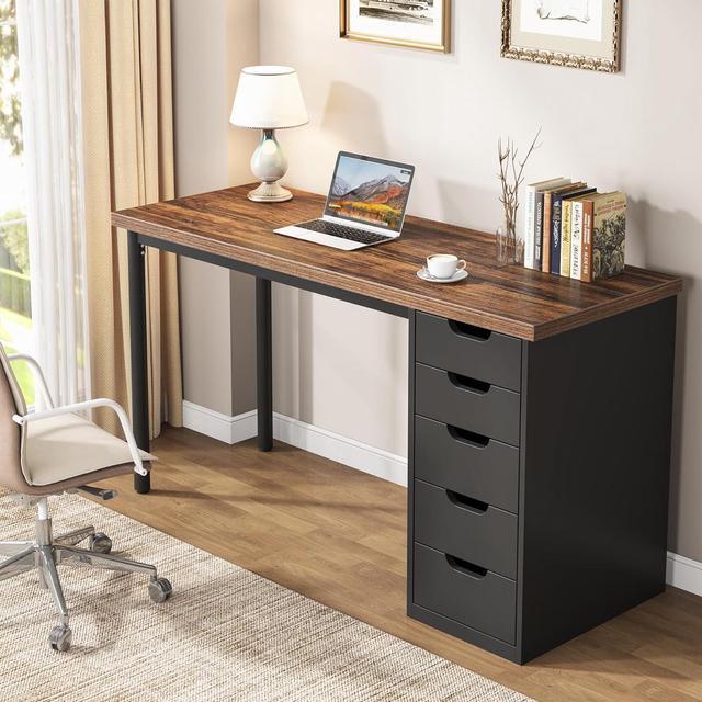 Alt view image 5 of 7 - Tribesigns Computer Desk with 5 Drawers, 47 inches Rustic Brown Home Office Desk with Storage, Modern Simple Laptop Desk Study Writing Table for Small Spaces (1, Brown+Black)