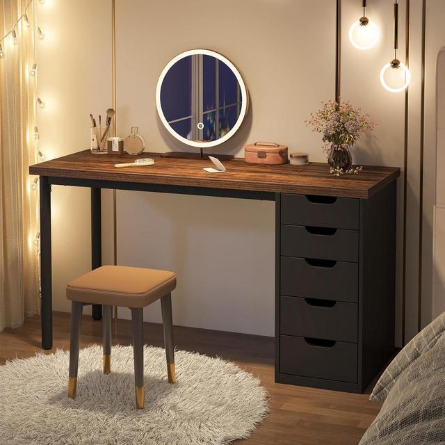 Alt view image 6 of 7 - Tribesigns Computer Desk with 5 Drawers, 47 inches Rustic Brown Home Office Desk with Storage, Modern Simple Laptop Desk Study Writing Table for Small Spaces (1, Brown+Black)