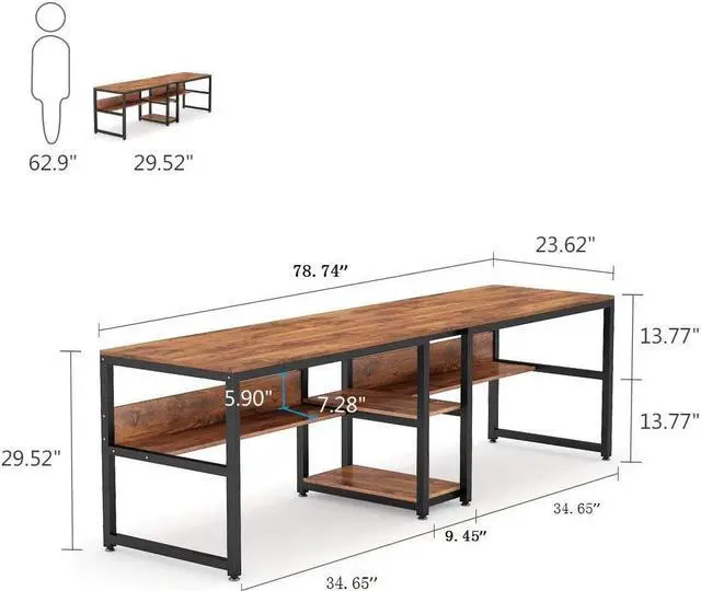 Alt view image 3 of 7 - Tribesigns Two Person Desk with Bookshelf, 78.7 Computer Office Double Desk for Two Person, Rustic Writing Desk Workstation with Shelf for Home Office (Brown)