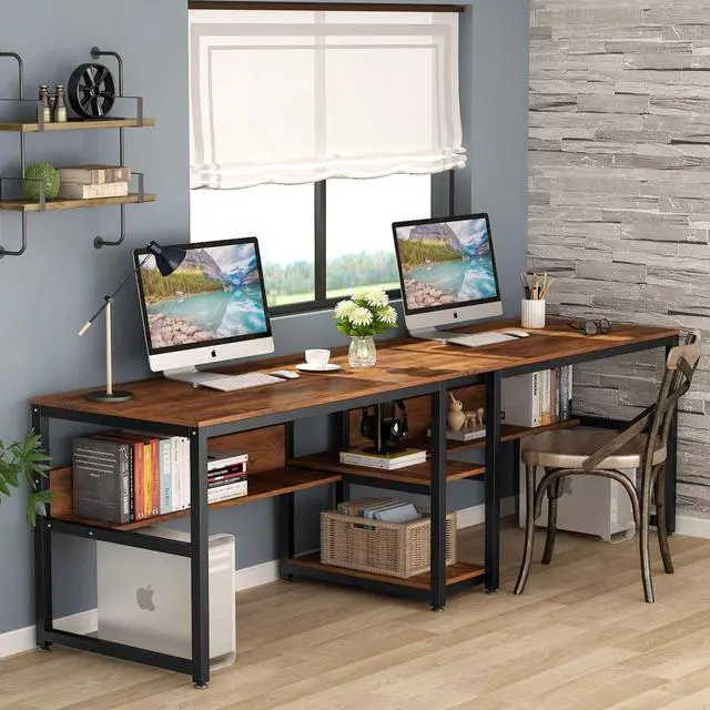 Alt view image 2 of 7 - Tribesigns Two Person Desk with Bookshelf, 78.7 Computer Office Double Desk for Two Person, Rustic Writing Desk Workstation with Shelf for Home Office (Brown)