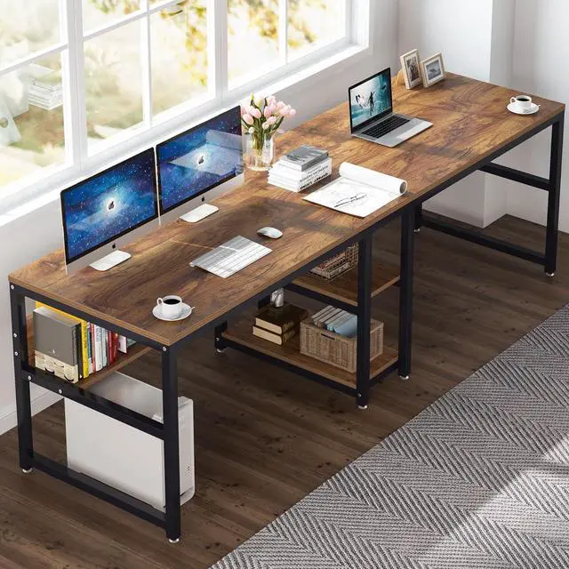 Alt view image 4 of 7 - Tribesigns Two Person Desk with Bookshelf, 78.7 Computer Office Double Desk for Two Person, Rustic Writing Desk Workstation with Shelf for Home Office (Brown)