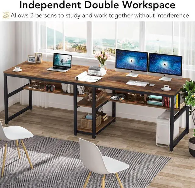 Alt view image 6 of 7 - Tribesigns Two Person Desk with Bookshelf, 78.7 Computer Office Double Desk for Two Person, Rustic Writing Desk Workstation with Shelf for Home Office (Brown)