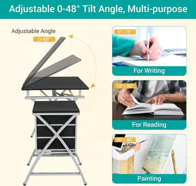 Alt view image 4 of 7 - ZENY Drafting Table and Stool, Tilted Draft Table Desk w/Drawers, Artist Drawing Desk Craft Table for Drafting, Painting, Reading, Writing