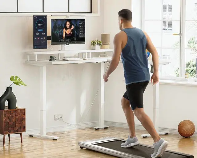 Alt view image 2 of 6 - AODK Electric L-Shaped Standing Desk, 59 Inch Height Adjustable Office Desk with Monitor Stand, Sit-Stand Desk with Power Outlets, Large Lift Table for Home, Office, Workstation, White