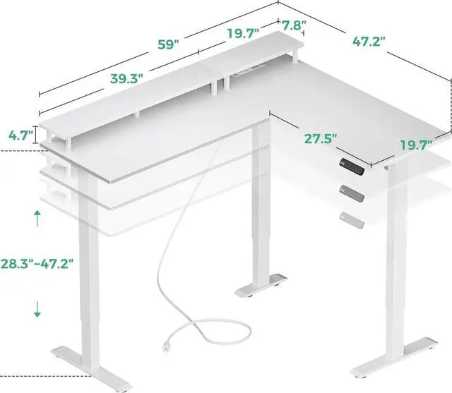 Alt view image 3 of 6 - AODK Electric L-Shaped Standing Desk, 59 Inch Height Adjustable Office Desk with Monitor Stand, Sit-Stand Desk with Power Outlets, Large Lift Table for Home, Office, Workstation, White