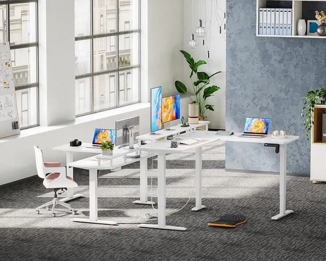 Alt view image 6 of 6 - AODK Electric L-Shaped Standing Desk, 59 Inch Height Adjustable Office Desk with Monitor Stand, Sit-Stand Desk with Power Outlets, Large Lift Table for Home, Office, Workstation, White