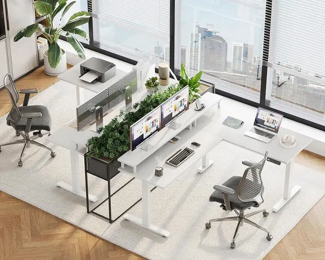 Alt view image 5 of 6 - AODK Electric L-Shaped Standing Desk, 59 Inch Height Adjustable Office Desk with Monitor Stand, Sit-Stand Desk with Power Outlets, Large Lift Table for Home, Office, Workstation, White