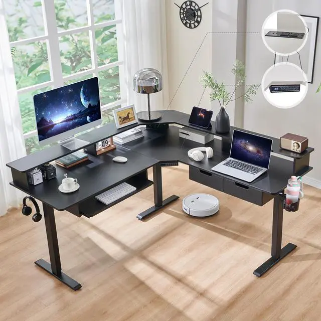 Main image of RedLemon 60 Inches L Shaped Electric Standing Desk, Height Adjustable Corner Gaming Desk with Drawers, Power Outlets & LED Lights, Comnputer Desk with Monitor Shelf, Carbon Fiber Black