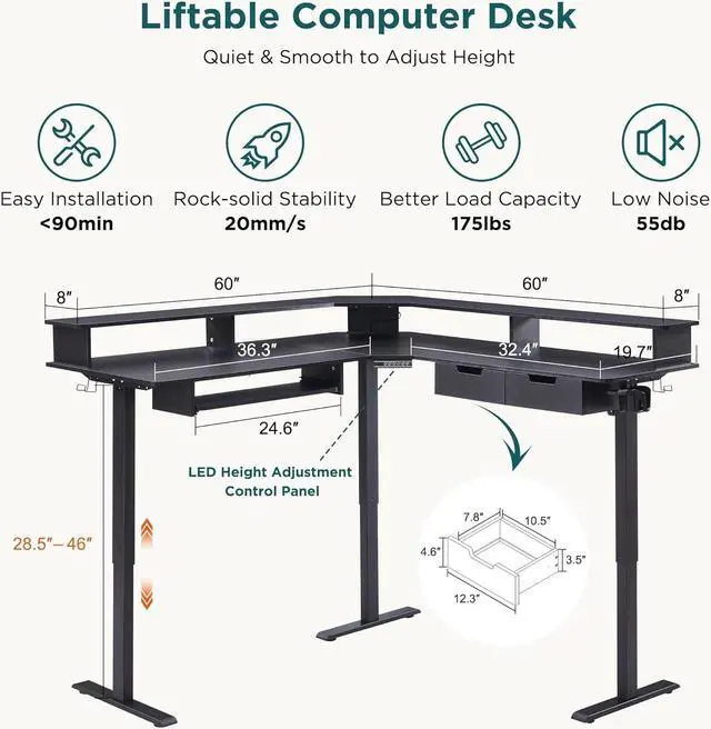 Alt view image 2 of 7 - RedLemon 60 Inches L Shaped Electric Standing Desk, Height Adjustable Corner Gaming Desk with Drawers, Power Outlets & LED Lights, Comnputer Desk with Monitor Shelf, Carbon Fiber Black