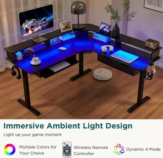 Alt view image 3 of 7 - RedLemon 60 Inches L Shaped Electric Standing Desk, Height Adjustable Corner Gaming Desk with Drawers, Power Outlets & LED Lights, Comnputer Desk with Monitor Shelf, Carbon Fiber Black