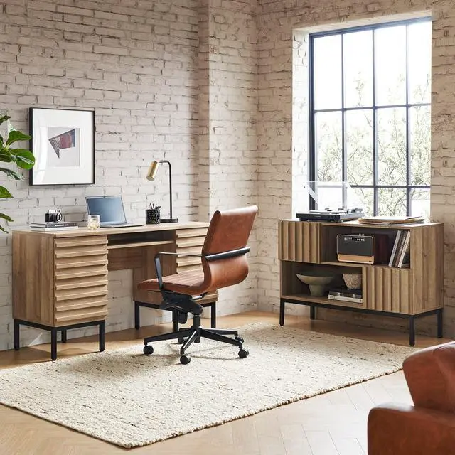 Alt view image 3 of 7 - mopio Norwin Executive Desk, Modern Industrial Farmhouse Desks for Home Office, with Sturdy Metal Legs, Fluted Panel Dual Cabinet