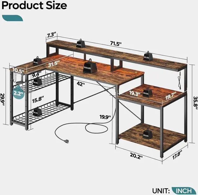 Alt view image 2 of 7 - Bestier 71.5 inch Computer Desk with Power Outlets, L Shaped LED Home Office Desk with Long Monitor Stand, Large Corner Desk with Storage Shelf, Cup Holder & Headset Hooks, Modern Simple Table