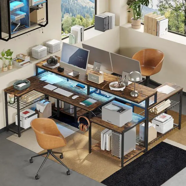 Alt view image 3 of 7 - Bestier 71.5 inch Computer Desk with Power Outlets, L Shaped LED Home Office Desk with Long Monitor Stand, Large Corner Desk with Storage Shelf, Cup Holder & Headset Hooks, Modern Simple Table