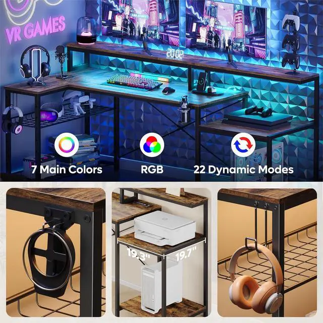 Alt view image 4 of 7 - Bestier 71.5 inch Computer Desk with Power Outlets, L Shaped LED Home Office Desk with Long Monitor Stand, Large Corner Desk with Storage Shelf, Cup Holder & Headset Hooks, Modern Simple Table