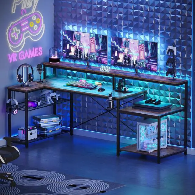 Alt view image 7 of 7 - Bestier 71.5 inch Computer Desk with Power Outlets, L Shaped LED Home Office Desk with Long Monitor Stand, Large Corner Desk with Storage Shelf, Cup Holder & Headset Hooks, Modern Simple Table