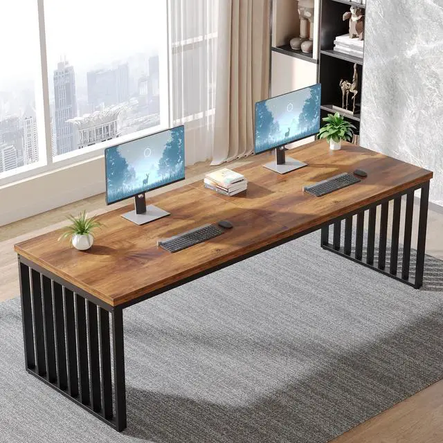 Alt view image 3 of 7 - Tribesigns 78.74" Extra Long Computer Desk 2 Person Desk, Double Long Desk with Heavy Duty Metal Frame, Double Workstation Study Desk for Home Office, Brown (Without Chair) (Brown & Black)