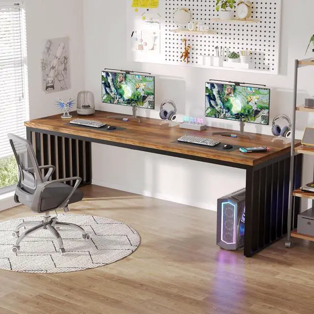 Alt view image 4 of 7 - Tribesigns 78.74" Extra Long Computer Desk 2 Person Desk, Double Long Desk with Heavy Duty Metal Frame, Double Workstation Study Desk for Home Office, Brown (Without Chair) (Brown & Black)