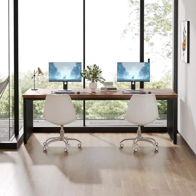 Alt view image 6 of 7 - Tribesigns 78.74" Extra Long Computer Desk 2 Person Desk, Double Long Desk with Heavy Duty Metal Frame, Double Workstation Study Desk for Home Office, Brown (Without Chair) (Brown & Black)