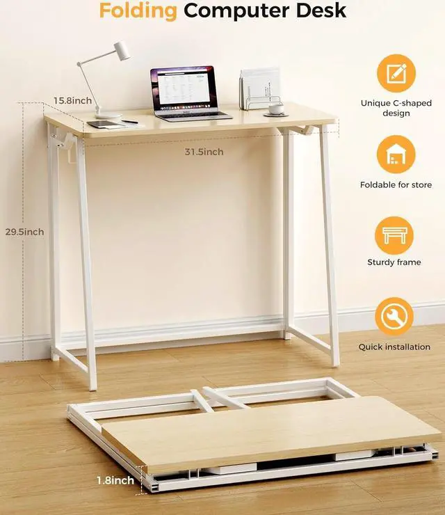 Alt view image 2 of 7 - Folding Desk Small Foldable Desk for Small Space, 31.5 Inches Writing Computer Desk in Study, Home Office Foldable Office Desk for Bedroom, Oak