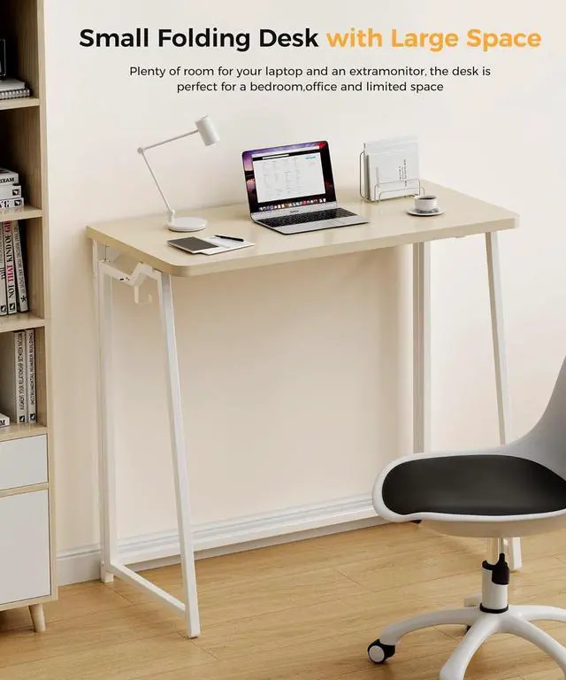 Alt view image 3 of 7 - Folding Desk Small Foldable Desk for Small Space, 31.5 Inches Writing Computer Desk in Study, Home Office Foldable Office Desk for Bedroom, Oak
