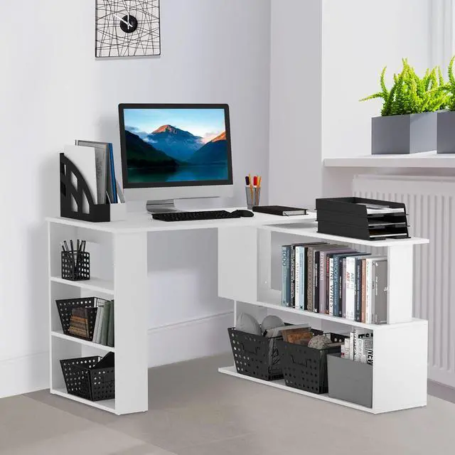 Alt view image 2 of 7 - HOMCOM L Shaped Desk, Corner Computer Desk, 360 Degree Rotating Home Office Desk with Storage Shelves, Writing Table Workstation, White